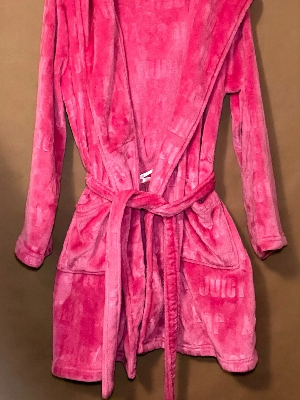 Pink Embossed Logo Fleece Hooded Plush Robe Belted Bathrobe
